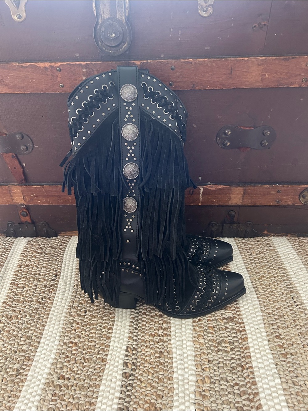 Dingo Black Fringe Studded Western Boots - Women